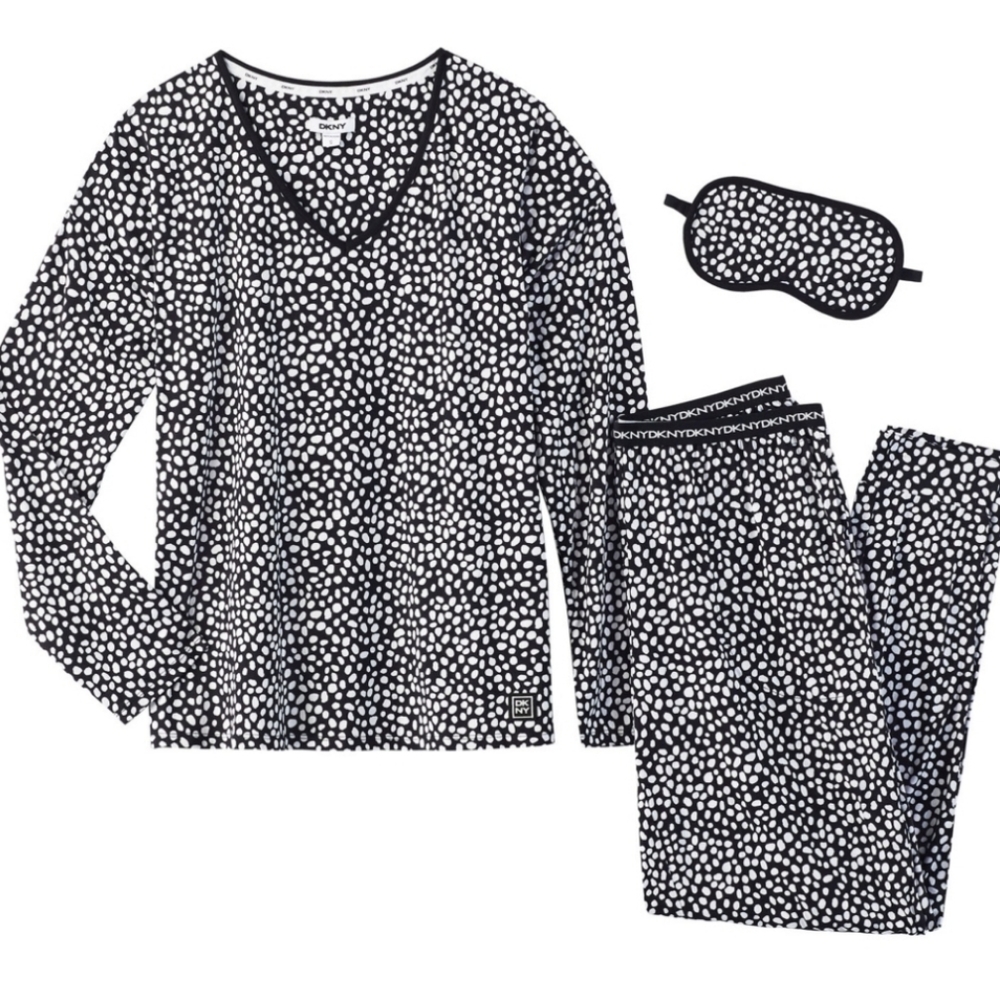 DKNY Sleep Jogger Set with Eye Mask, Large, Black Dot, NWT